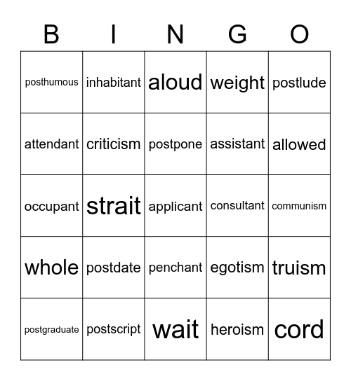 List 32 - 6th grade Bingo Card