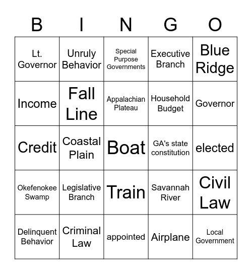 Geography/Government/Economics Bingo Card