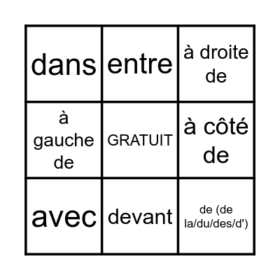 Préposition de lieu Bingo Card