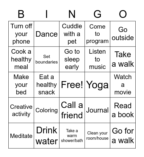 Self Care Bingo Card
