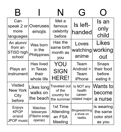 FSA BinGO MEET SOME COOL NEW PEOPLE Bingo Card