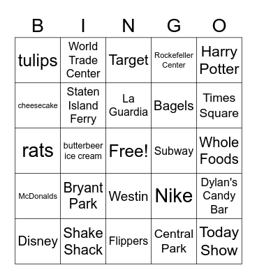 NEW YORK CITY Bingo Card