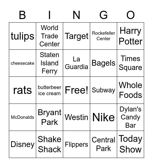 NEW YORK CITY Bingo Card