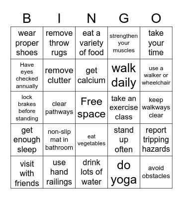 Fall Prevention Bingo Card