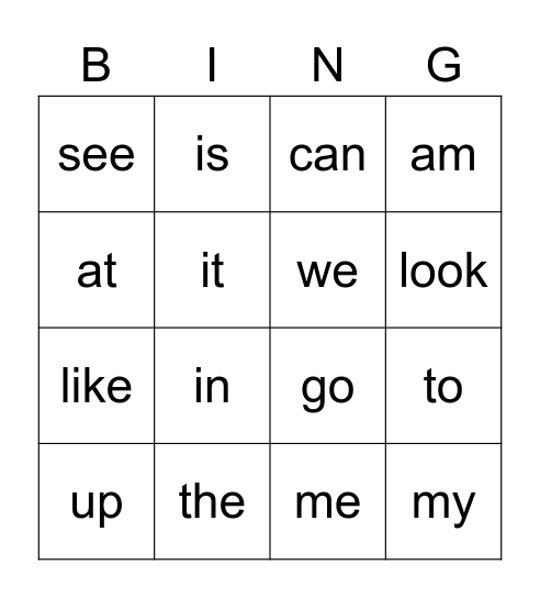 Kindergarten Sight Word Bingo Card