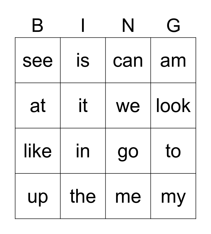 Kindergarten Sight Word Bingo Card