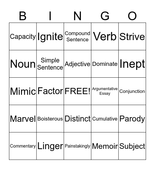 Vocabulary:  Unit 1 and Unit 2 Bingo Card