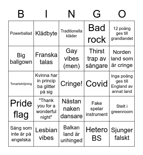 Eurovision Bingo Card