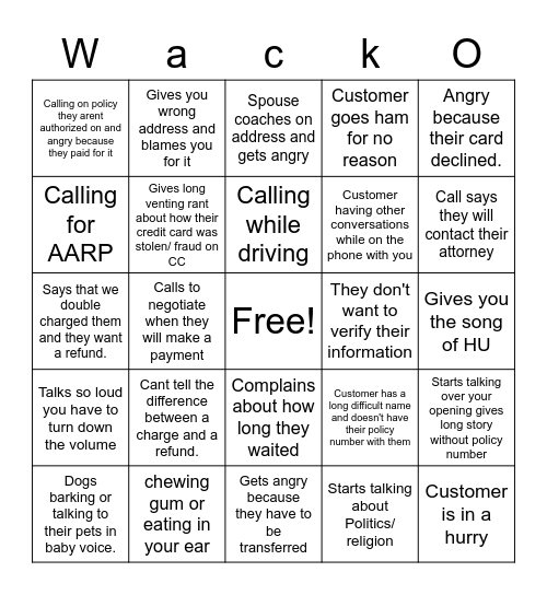 Rude Customer Bingo Card