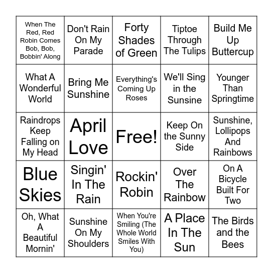 Spring Song Bingo Card