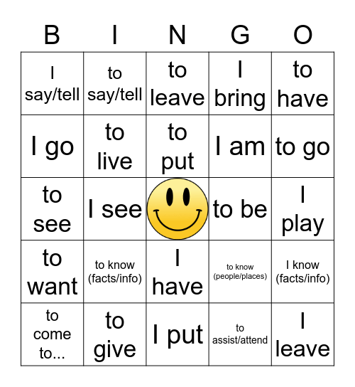 Los Verbos de ER/IR & Irregular Yo Bingo Card