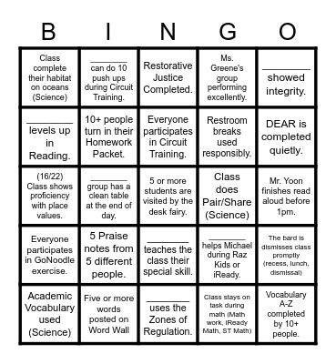 Mr. Yoon's BINGO Card