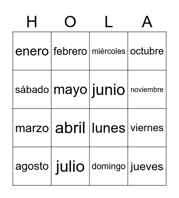 Days and Months Bingo Card