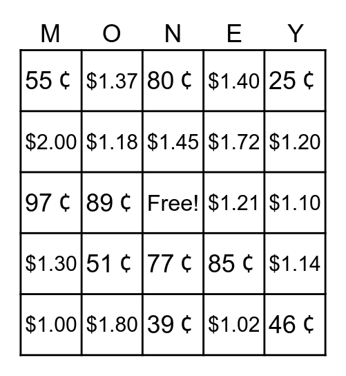 Counting Money to $2.00 Bingo Card