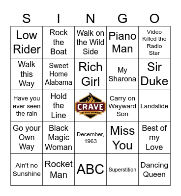 Seventy's Bingo Card