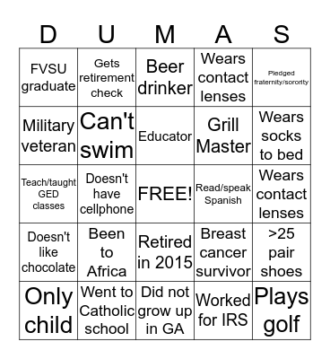 DUMAS Family Reunion Bingo Card