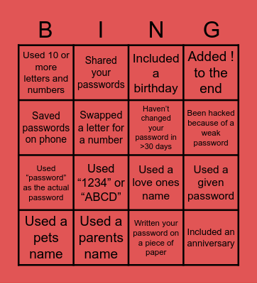 Password Bingo!! Bingo Card