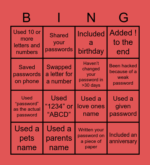 Password Bingo!! Bingo Card