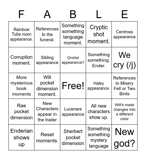 Fable Season 2 ("Trailer") Bingo Card