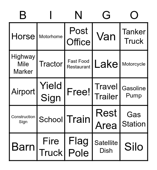 Road Trip Bingo Card