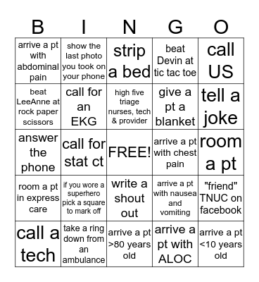 Unit Assistant Bingo Card