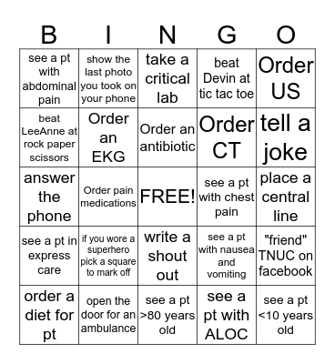 MD, NP, PA Bingo Card