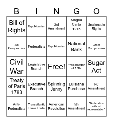 8th Grade U.S. History Review-Benchmark Bingo Card