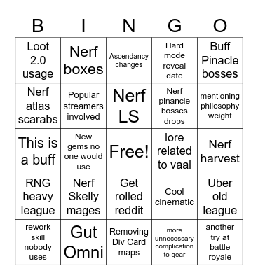 POE Sentinel Bingo Card