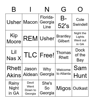 Georgia Music Bingo Card