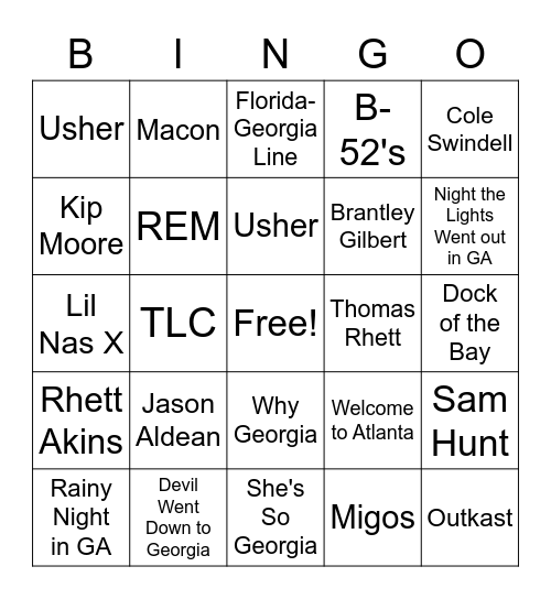 Georgia Music Bingo Card