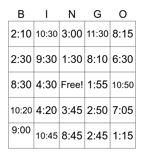 Clock Times Bingo Card