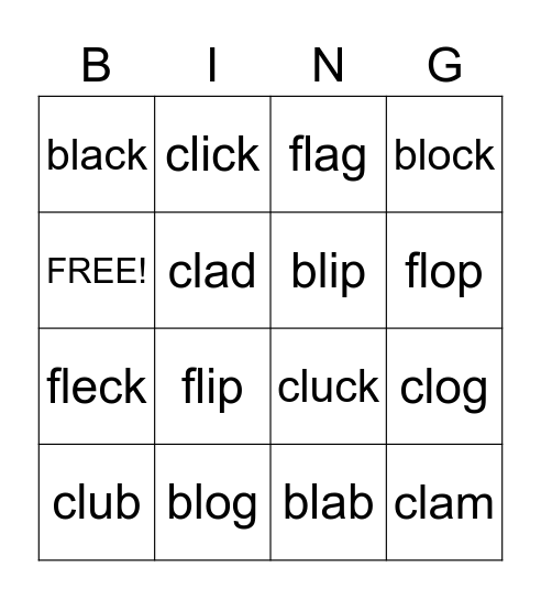 L-Blends: bl, cl, fl Bingo Card