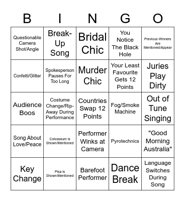 Euro♡ision Bingo Card