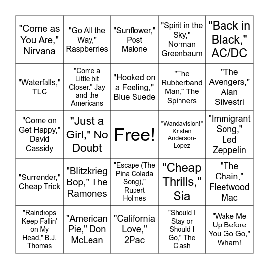 Marvel Soundtracks Bingo Card