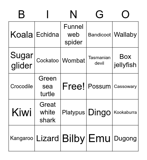 Australian animals Bingo Card