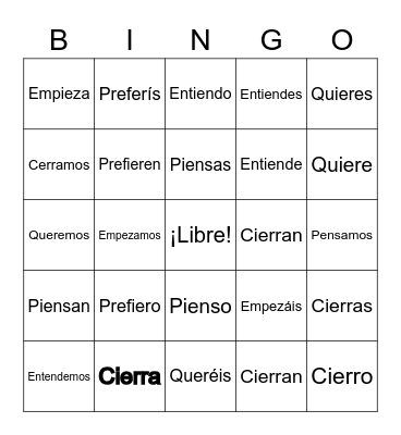 E -> IE Stem Changing Verbs BU Bingo Card