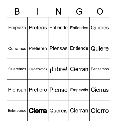 E -> IE Stem Changing Verbs BU Bingo Card