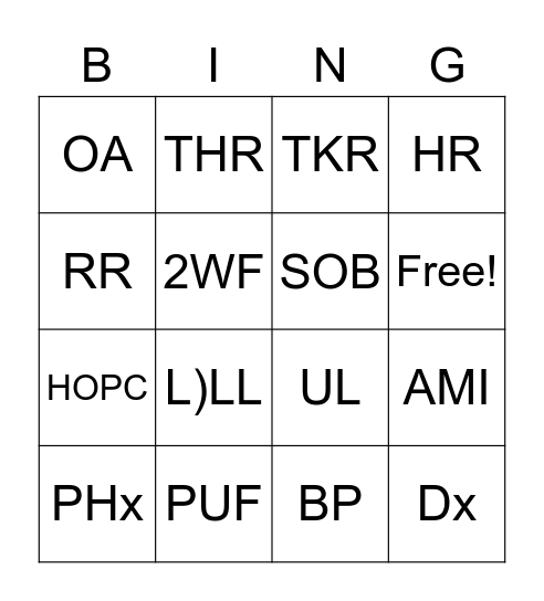 A & P Abbreviations Bingo Card