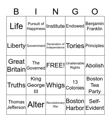 Revolution Bingo Card