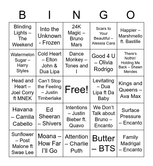 Today's Hits Bingo Card