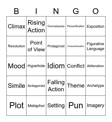 Literary Terms & Story Element Bingo Card