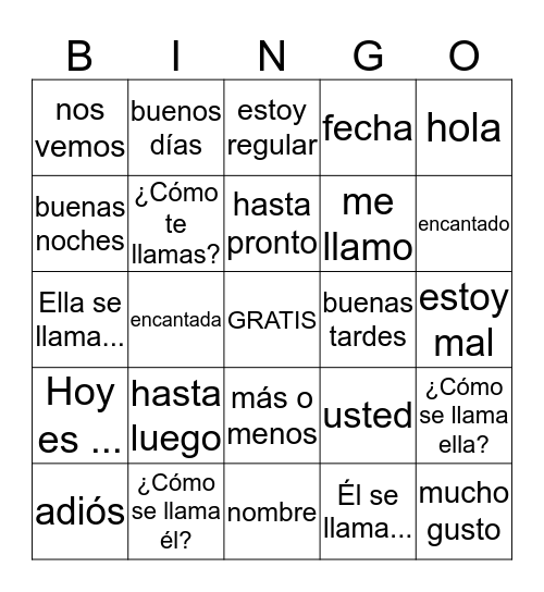 Spanish 1 Preliminary A Bingo Card
