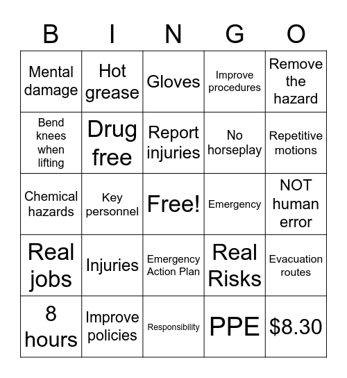 Child Labor Law Bingo Card
