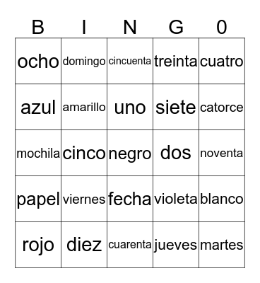 Spanish Preliminary B Bingo Card