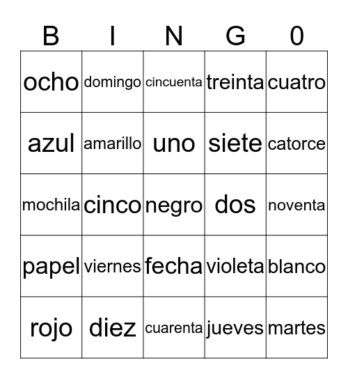 Spanish Preliminary B Bingo Card