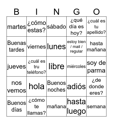 Spanish bingo  Bingo Card