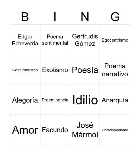 Romanticismo Hispanoamericano Bingo Card