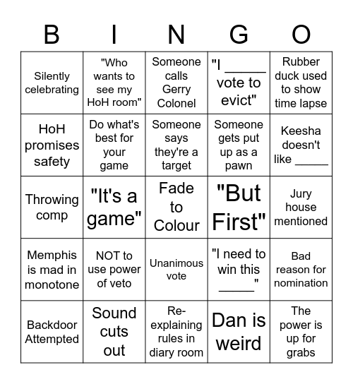 Big Brother 10 Bingo Card