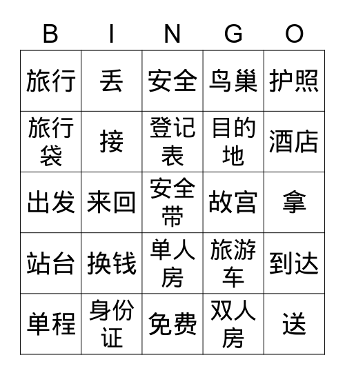 AQA GCSE Chinese Unit 9.1 Bingo Card