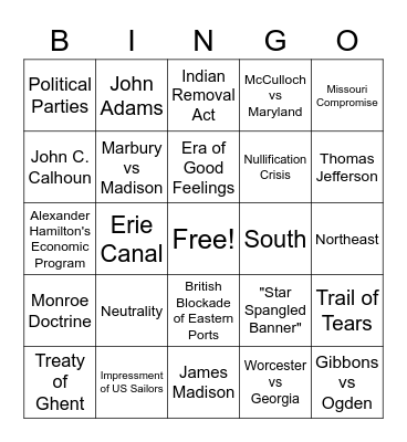 Early Republic and Jackson Review Bingo Card